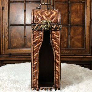 Wood Wicker Antigued Goldtone Handle Dome Top Wine Carrier